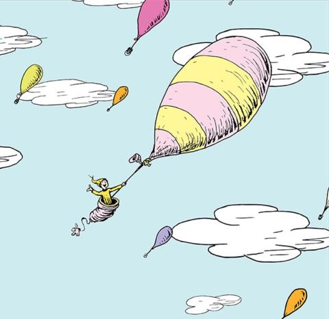 Pink and Yellow balloon with a yellow character hanging out of pink basket. Clouds and multi colored balloons in sky.