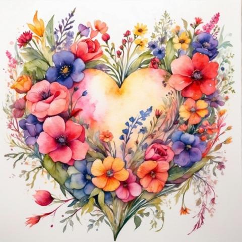 Heart shaped floral wreath. Flowers in various colors. 