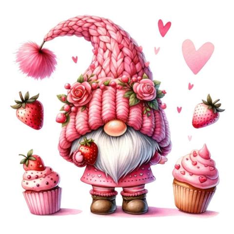 Gnome in pink hat with pink cupcakes, pink hearts and pink strawberries.