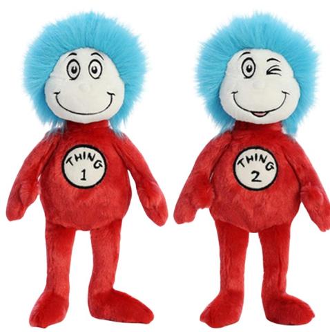 Thing 1 and Thing 2 with a red suit and blue hair.