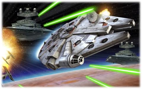 Star Wars space craft being chased and shot at with green gunfire. 