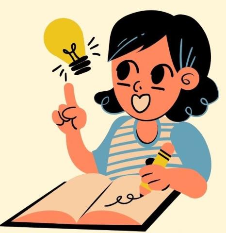 A GIRL WRITING IN HER NOTEBOOK WITH A LIGHTBULB IDEA