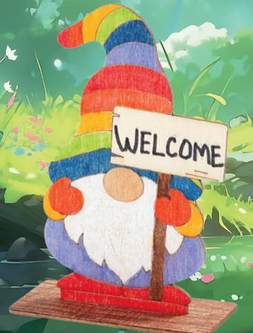 2D WOODEN GNOME WITH A RAINBOW STRIPED HAT AND WELCOME SIGN