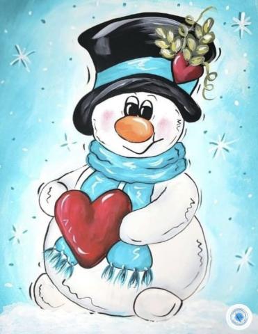 Painting of a snowman holding a heart. 