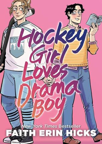 Illustration of a teen girl in a hockey uniform looking at a teen boy reading a book.