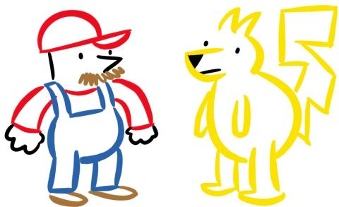 Line drawing of a mustached plumber in black, red, blue and brown ink. The plumber is facing a line drawing of a yellow furry creature.