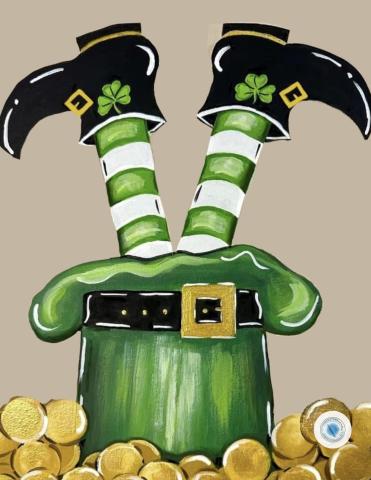 Painting of an upside down leprechaun in a pile of gold coins. 