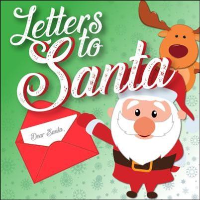 Santa Claus holding a red envelope with a Dear Santa letter inside. Rudolf standing behind Santa. Letters to Santa written across the top. 