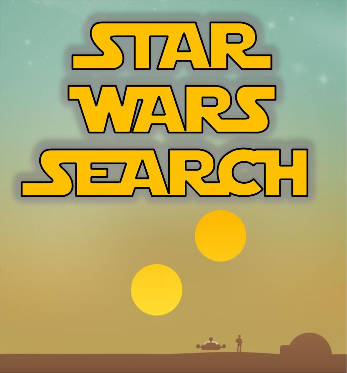 Graphic with Star Wars Search, two moons, a silhouette of a land speeder and person. 