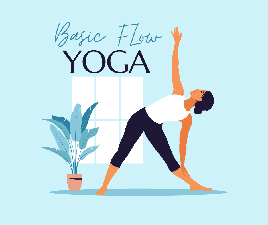 Light blue background and a white square. A woman doing yoga next to a plant. 