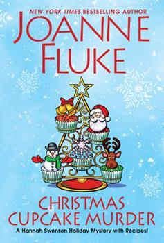 Book cover Christmas Cupcake Murder by Joanne Fluke. Blue cover with snowflakes and a Christmas tree cupcake holder
