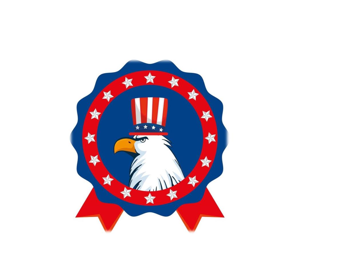 eagle wearing patriotic red, white and blue top hat surrounded by a patriotic ribbon