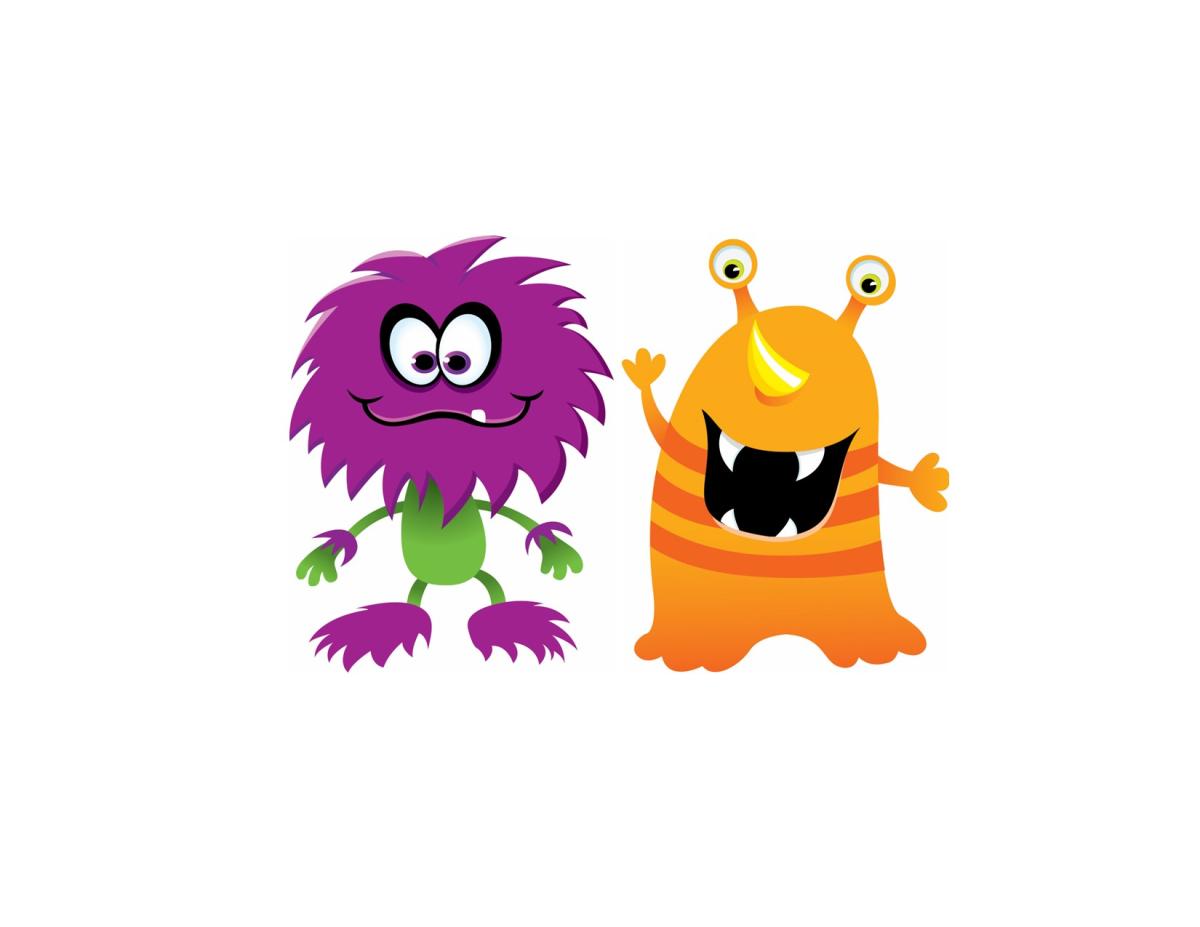 A hairy purple monster and an orange monster with two eyes on stalks