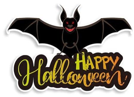 Black bat with Happy Halloween written underneath. 