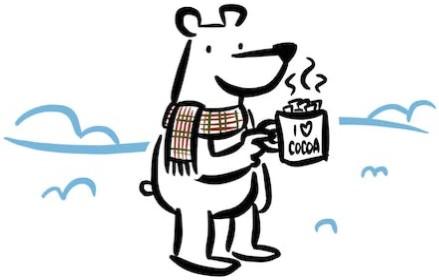 Cartoon line drawing of a polar bear wearing a plaid scarf holding a cup of cocoa.