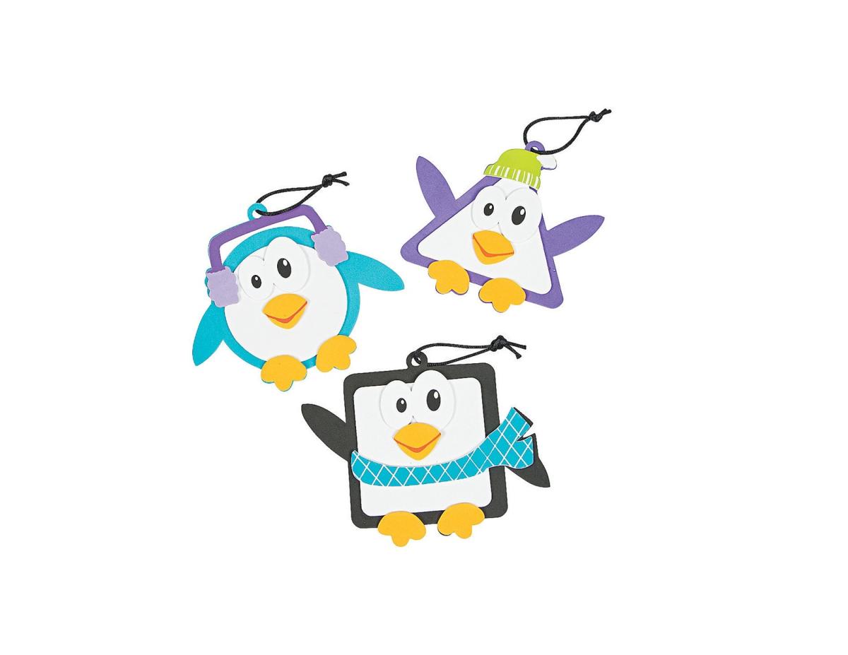 3  cute penguins each wearing a winter clothing item; earmuffs, hat and scarf