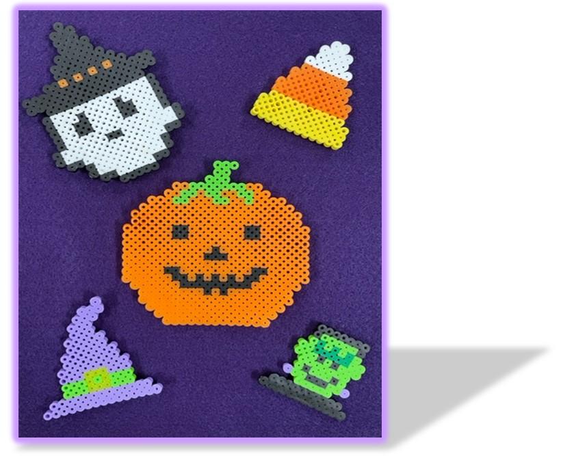Ghost, Candy Corn, Pumpkin, Purple Witch Hat, and Frankenstein on a purple background.