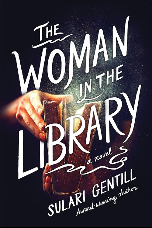 Image is the book cover for "The Woman in the Library". Image is hands opening a book. 