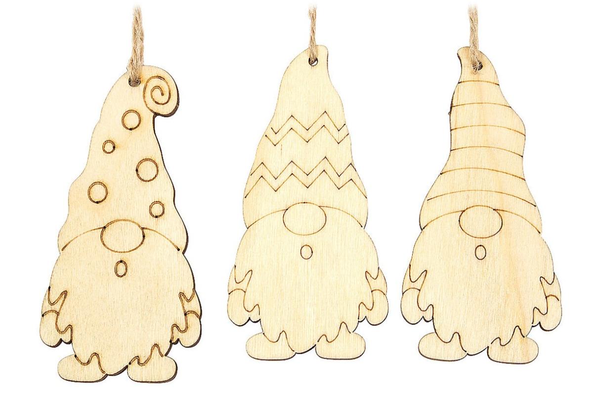 THREE FLAT UNPAINTED WOODEN GNOME ORNAMENTS