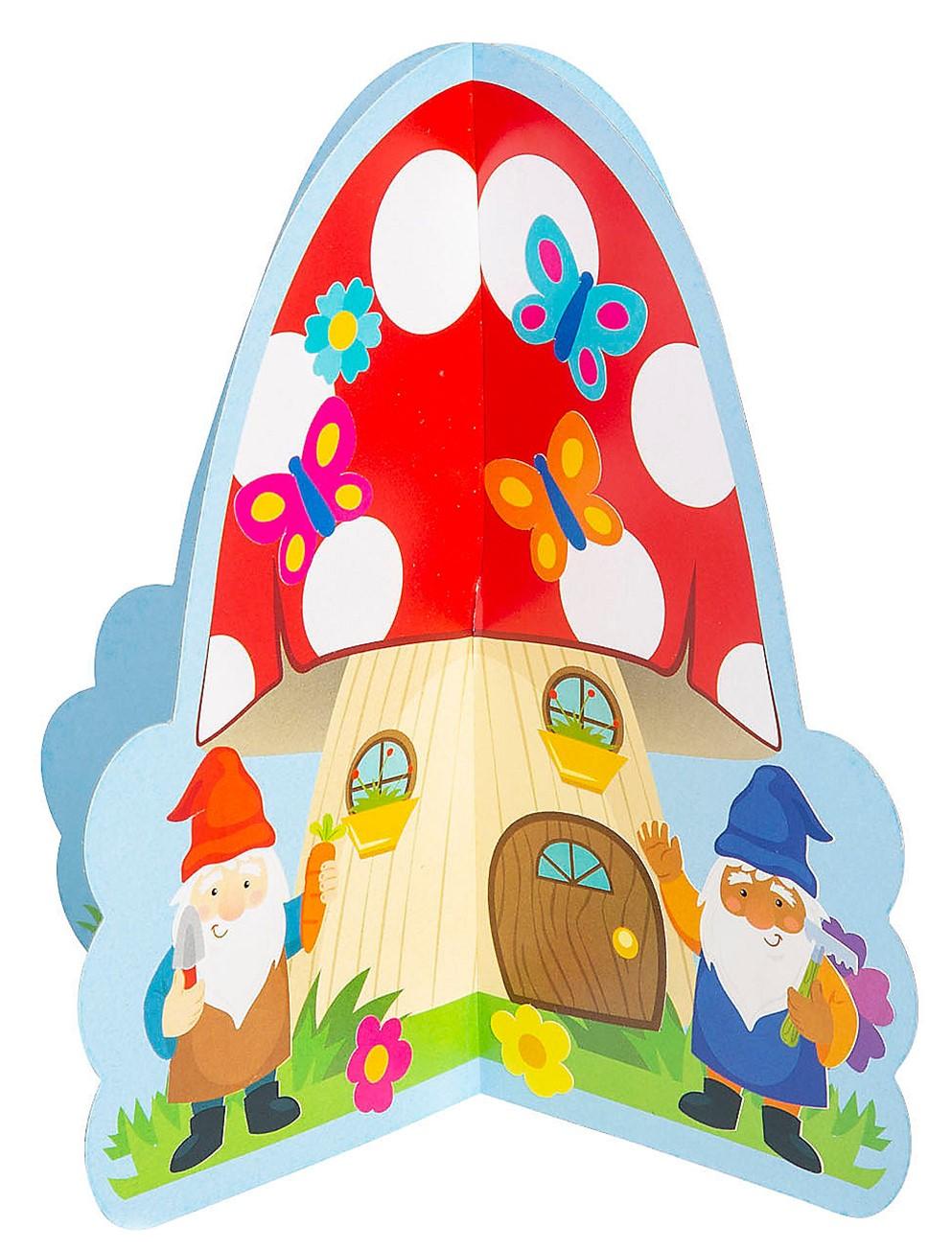3D STICKER SCENCE WITH A GNOME WEARING A RED HAT, A GNOME WEARING A BLUE HAT, AND A RED TOADSTOOL HOUSE WITH WHITE POLKA DOTS AND A GARDENS