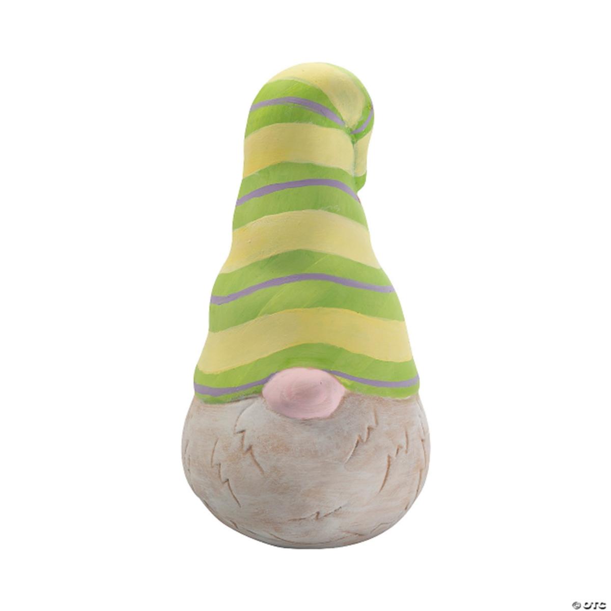 CERAMIC GNOME HEAD WITH GREEN STRIPED HAT AND GRAY BEARD