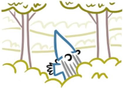 Line drawing of a gnome with a grey beard, blue hat and cloak standing in between two trees.