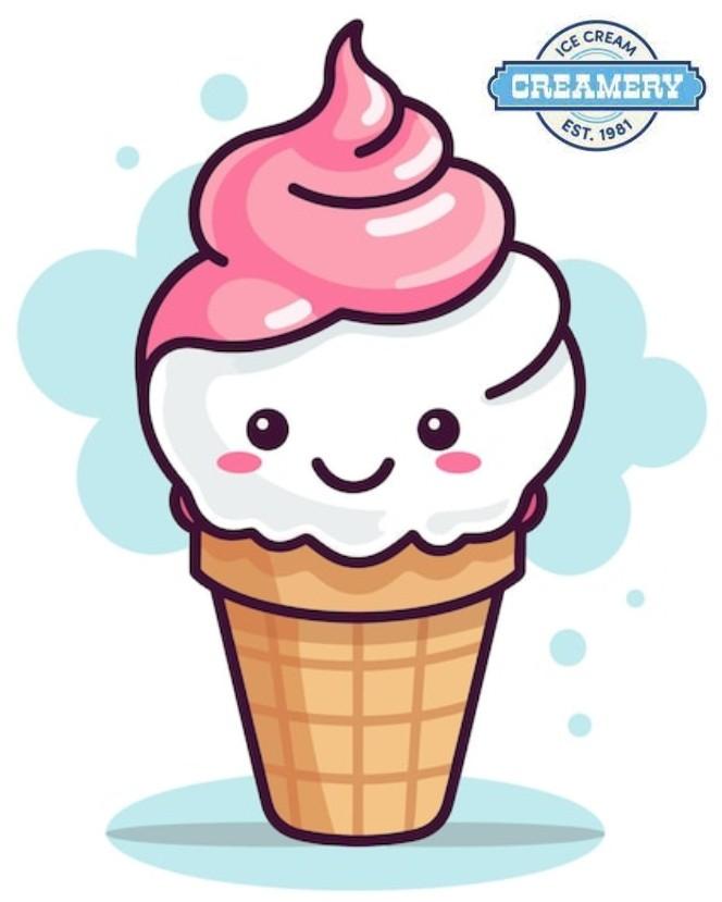 Creamery logo in shades of blue with a pink and white ice cream cone.